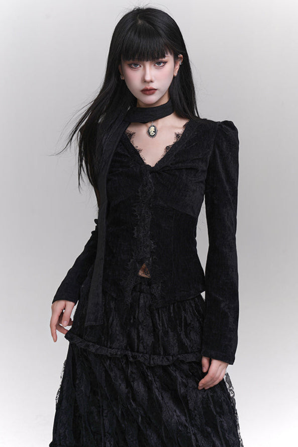 Velvet v-neck top + mode ghost skirt