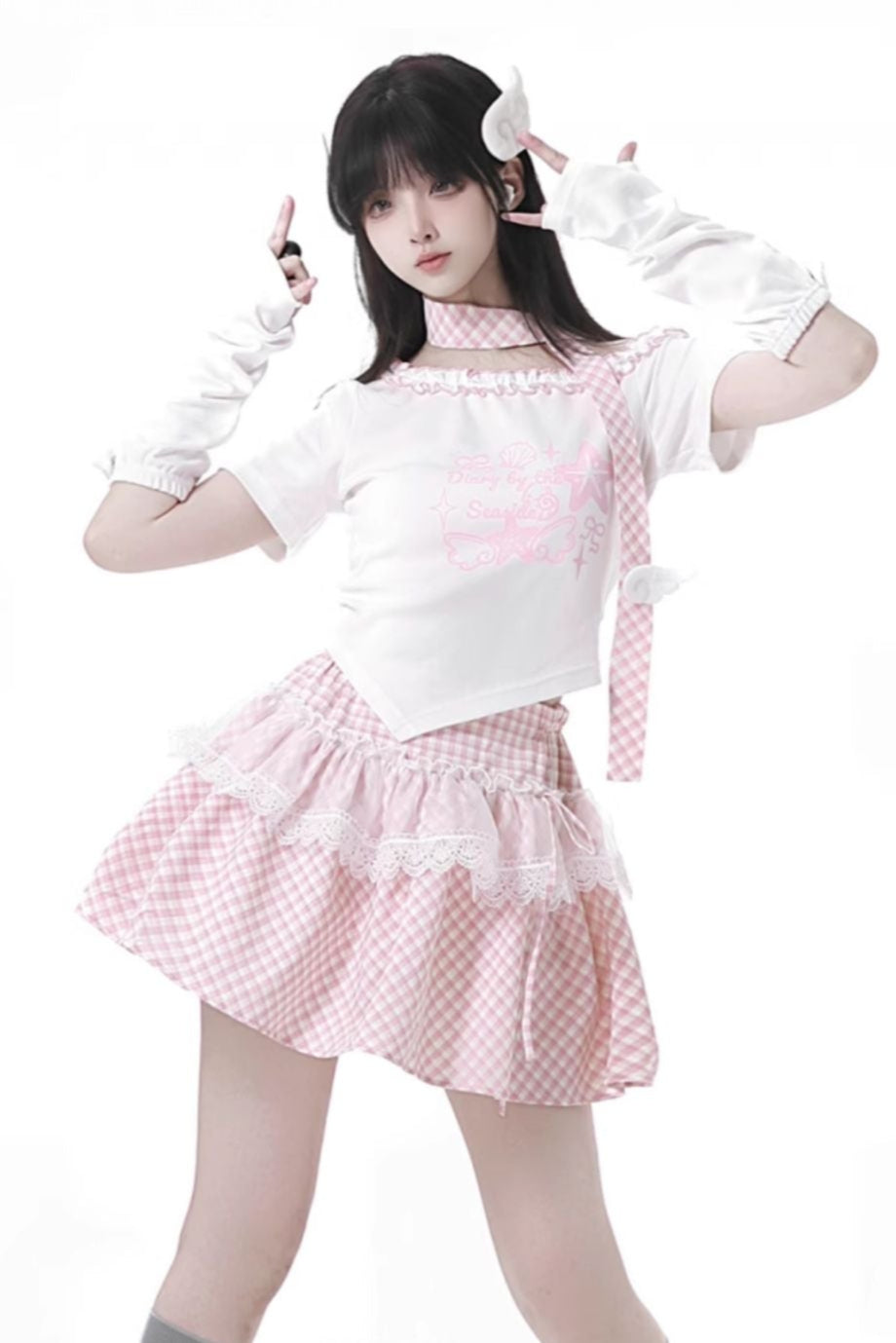 パステルスイートツインスカーフ付きTシャツ＋パフスカート＋アームカバー