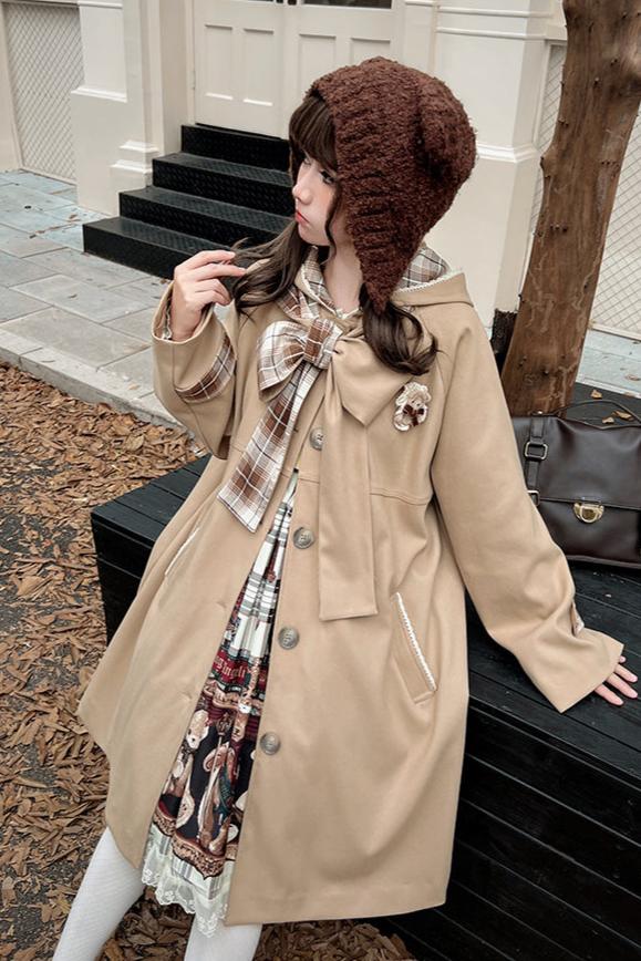 Pre-order] Cafe Latte Plaid Hoodie A-line Windbreaker Ribbon Coat