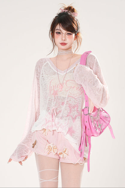 シアーサブカルVネックスモックトップス