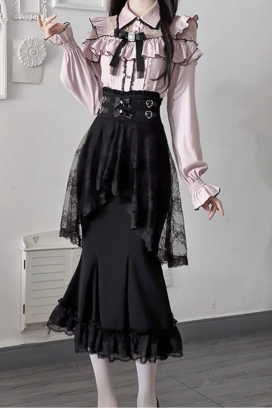 [Termine prenotazione 29 settembre] Blusa rosa in pizzo trasparente con volant e fiocco gioiello + gonna a sirena in tulle a strati + minigonna in pizzo con fiocco gioiello