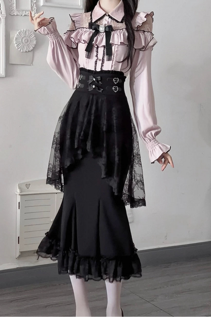 [Termine prenotazione 29 settembre] Blusa rosa in pizzo trasparente con volant e fiocco gioiello + gonna a sirena in tulle a strati + minigonna in pizzo con fiocco gioiello