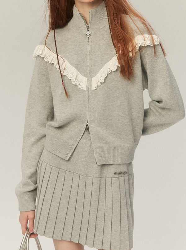 レースジップアップカジュアルレトロガーリートップス＋プリーツスカート