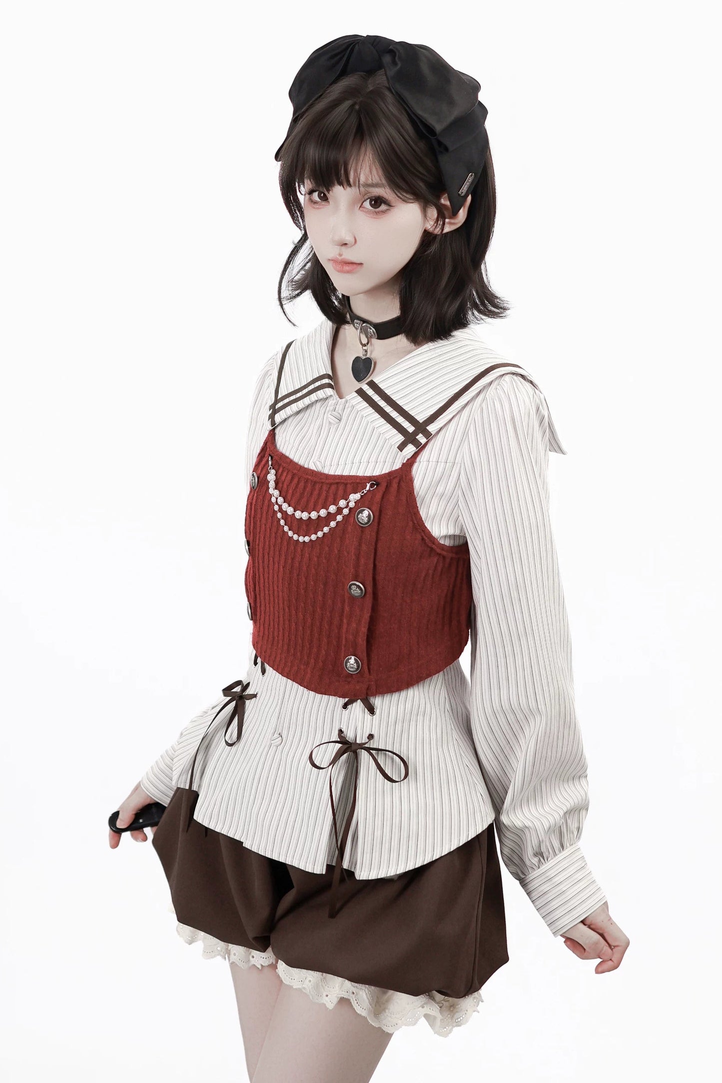 フードトップス+シャツ+スカート+レッグウォーマー+ベスト