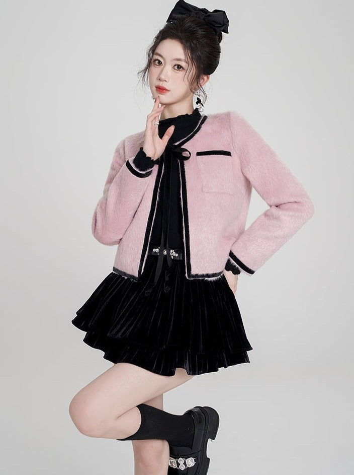French sweet ribbon pink short coat