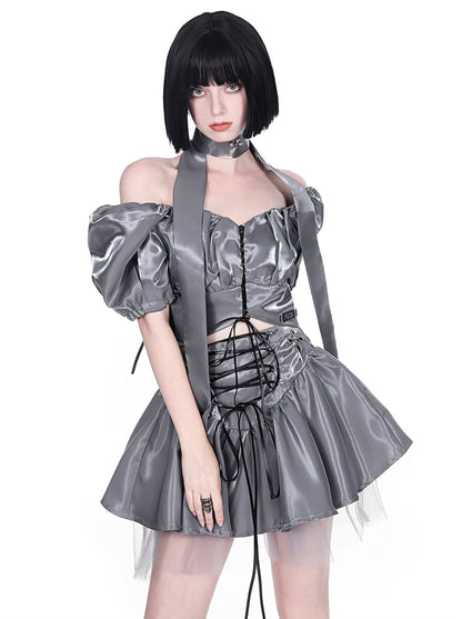 Cyberpunk glitter setup cross neck stole + puff sleeve short top + lace up tulle skirt