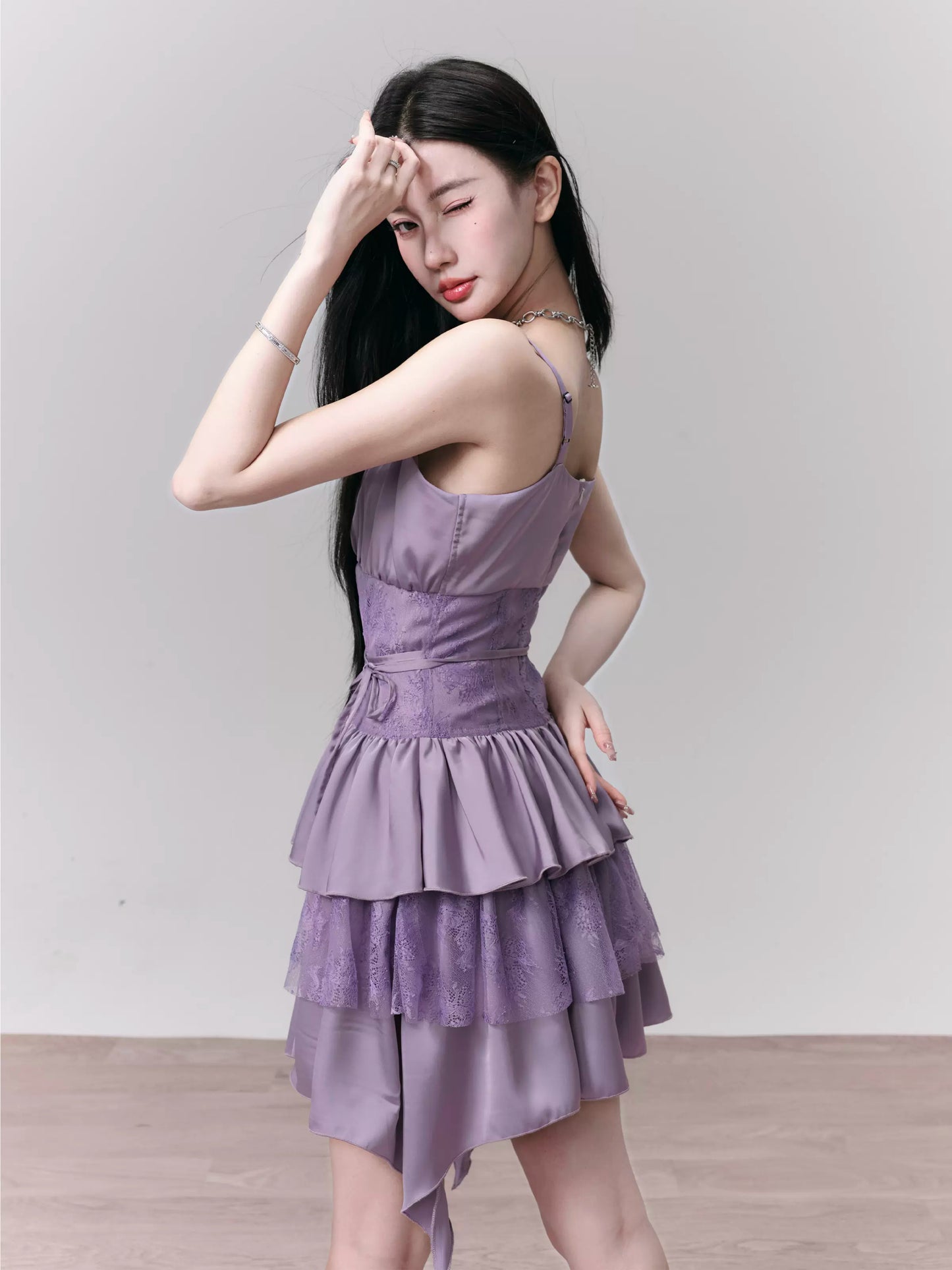 Purple Pleated Lace Camisole Dress