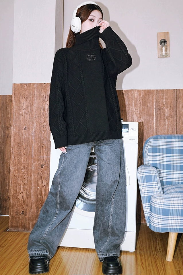 Golden Crow Black Turtleneck Top