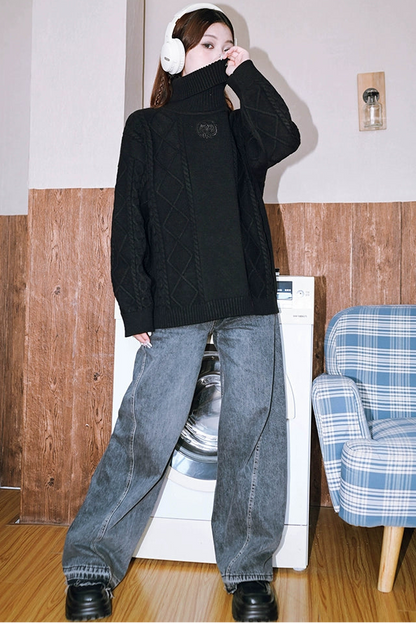 Golden Crow Black Turtleneck Top