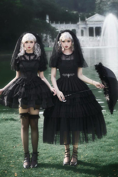 Dark Black Lolita Dress + Inner + Suspender Dress + Veil + Hairband + Belt + Sleeves