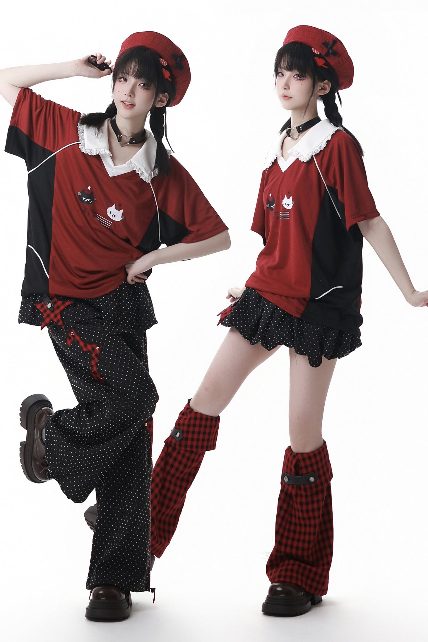 レースカラーオーバートップス＋バルーンスカート＋ロングパンツ＋レッグウォーマー