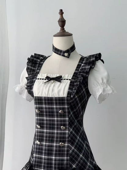 【4月29日予約締切】ブラックチェックフリルリボンパフスリーブミニドレスセットアップ＋チョーカー