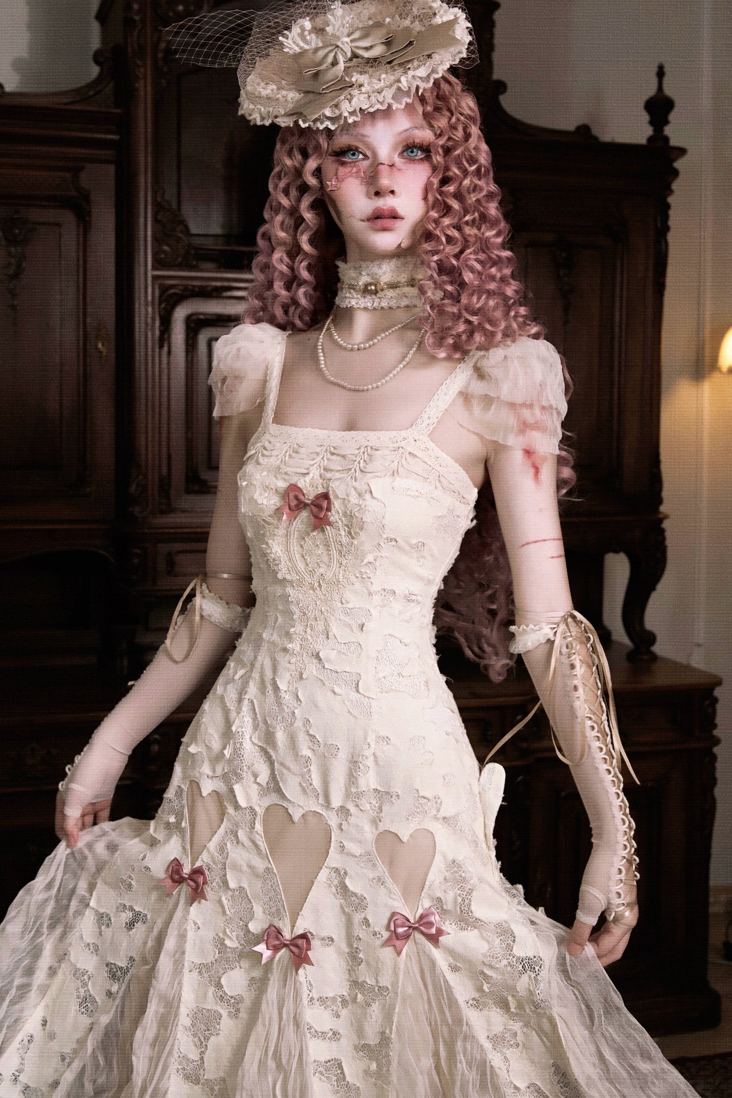 コットンラブハートリボンカットアウトレーススリップドレス