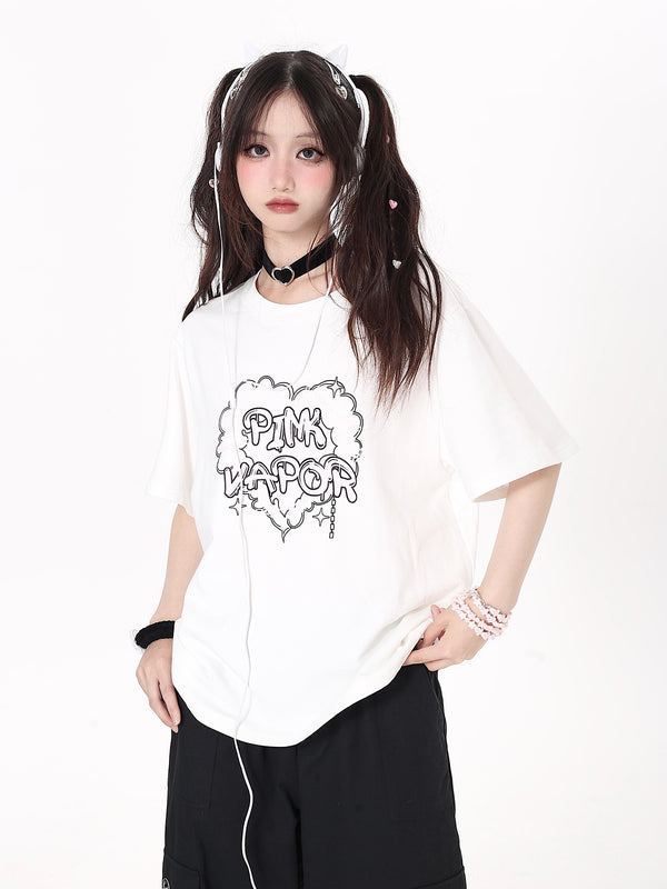 Original print drop shoulder T-shirt [Bear Heart Logo Rabbit]