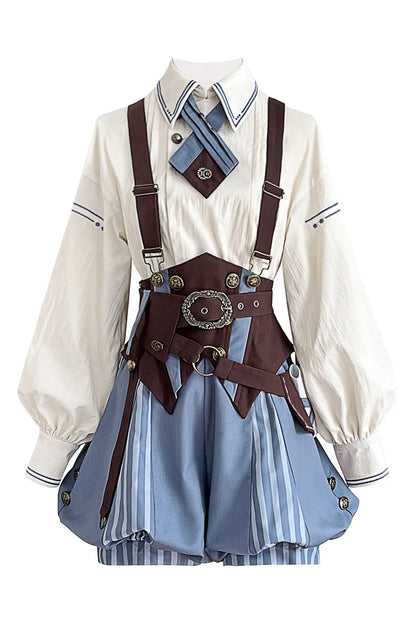 【10月2日予約締切】Vintage Prince Ivory Shirt + Blue Stripe Shorts + Brown Suspender Corset + Waist Belt + Full Set