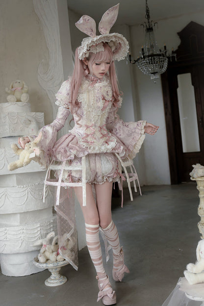 [Date limite de précommande : 6 octobre] Pink Castle Bunny ensemble poupée romantique avec haut corset à manches bouffantes en dentelle + short + surjupe à volants + surjupe cage à oiseaux Set 1/2/3