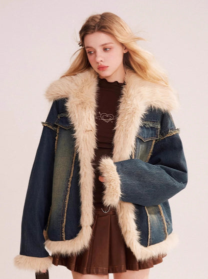 Retro fur stitch denim jacket