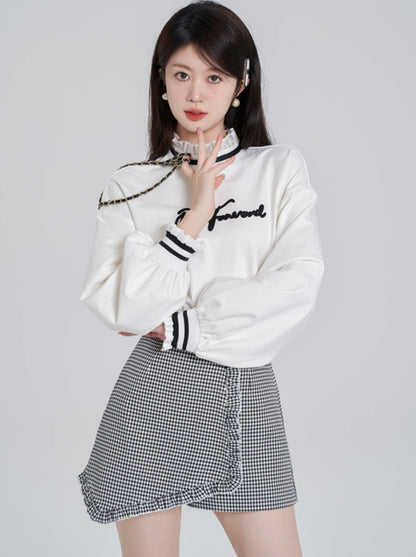 Lace Stand Collar Sweat Top + Asymmetrical Check Skirt