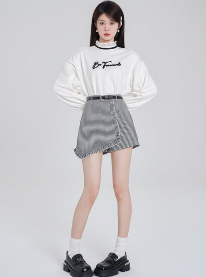 Lace Stand Collar Sweat Top + Asymmetrical Check Skirt