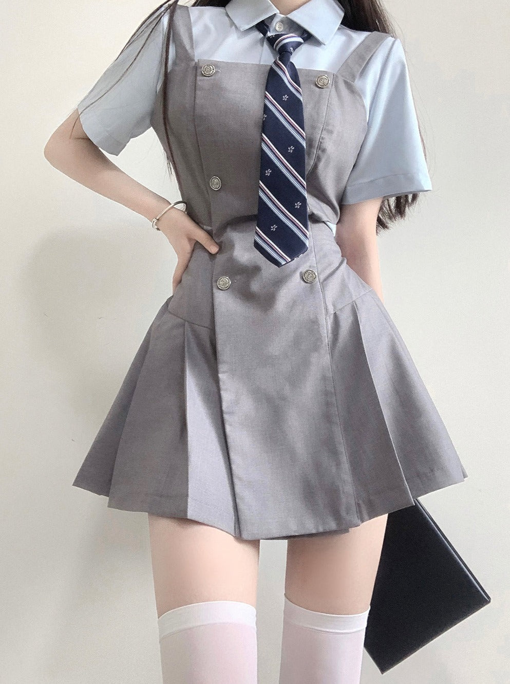 Waist Design Slit Suspender College Skirt