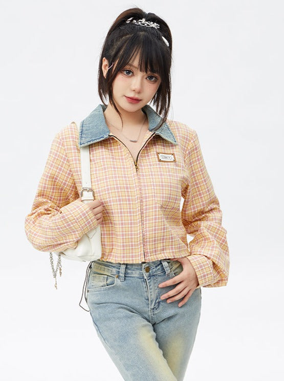 Retro Denim Check Zipper Jacket