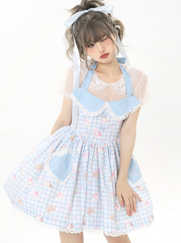 Sweet Frill Heart Neck Holter Ribbon One Piece