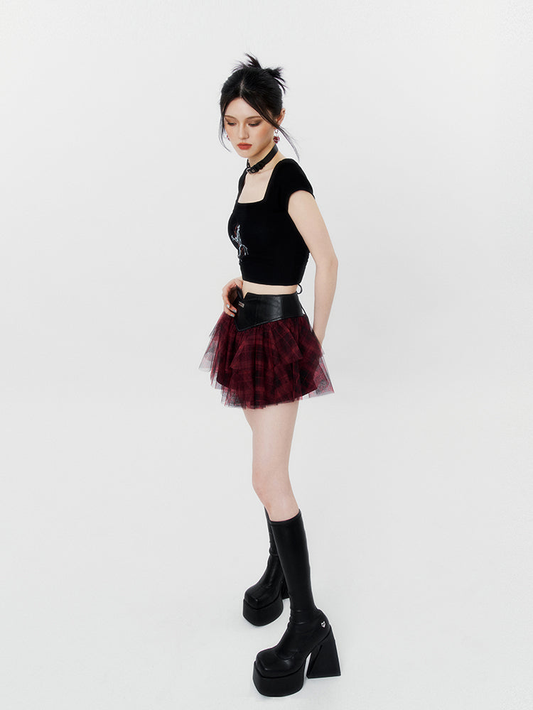 American Rock Spice Leather Check Volume Tulle Skirt