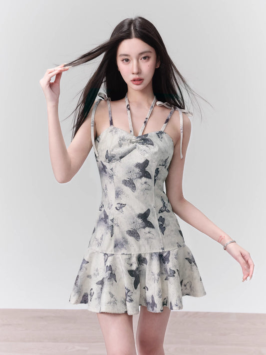 [Spot] Fragile Store Streamer Butterfly Dream Ink Print Sequin Resort Skirt Temperament Princess Dress