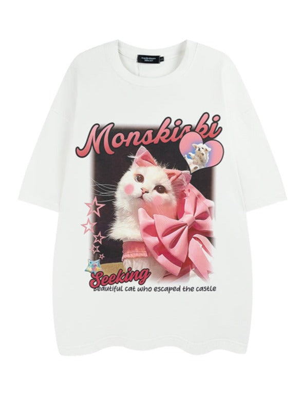 ルーズアメリカンレトロキャットリボンプリントTシャツ – Belchic