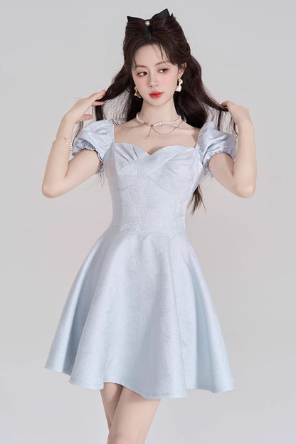 Blue Sweet French Puff Sleeve Dress
