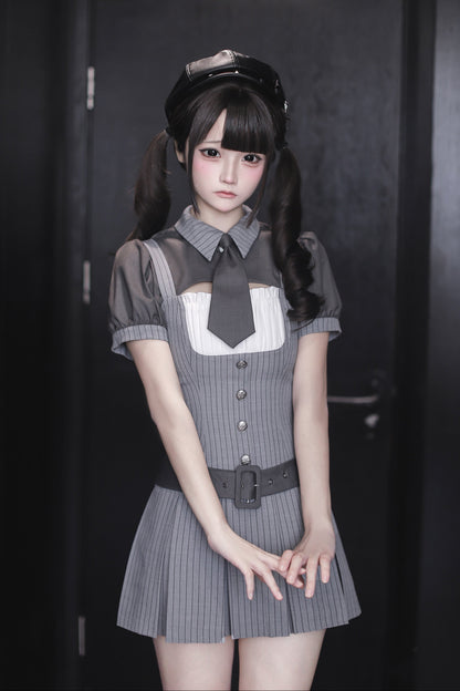 【4月15日予約締切】グレーピンストライプタイカラーショートジャケットドレスフルセット＋ジュエルキャスケット