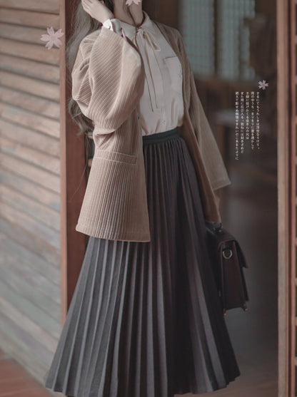 cherry note Showa retro feather jacket + chiffon ribbon shirt + checkered skirt + dark gray skirt + brooch