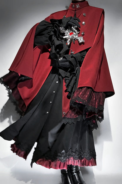 【9月5日予約締切】Dark Red/Dark Green Gothic Chain Layered Lace Cape Coat(Short Length/Long Length)