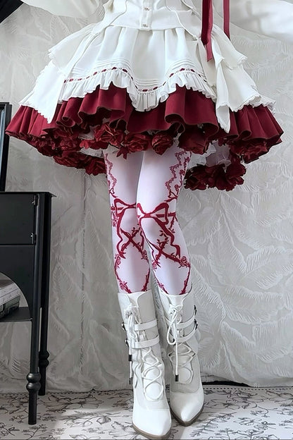 【9月13日予約締切】White Burgundy Military Ruffle Lolita Jacket (with epaulet bow) + Shirt + Short Skirt Set / Shorts Set + Complete set 1/2 (Officer cap + Leg covers + Sash)