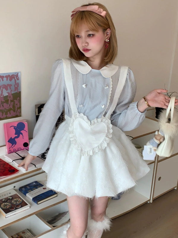 Blue Doll Collar Shirt + Ruffled Heart Suspender Skirt