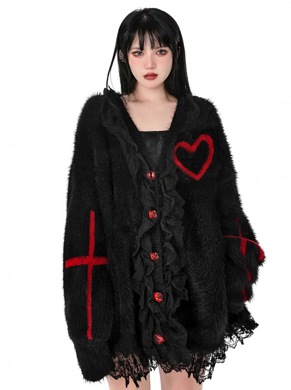 Dark Diamond Cross Love Lace Fur Knit Sweater Jacket