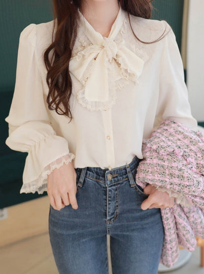 Ribbon lace chiffon shirt