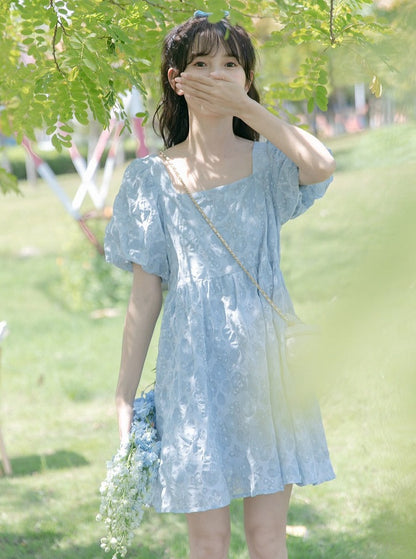 Blue Puff Sleeve Square Neck Dress