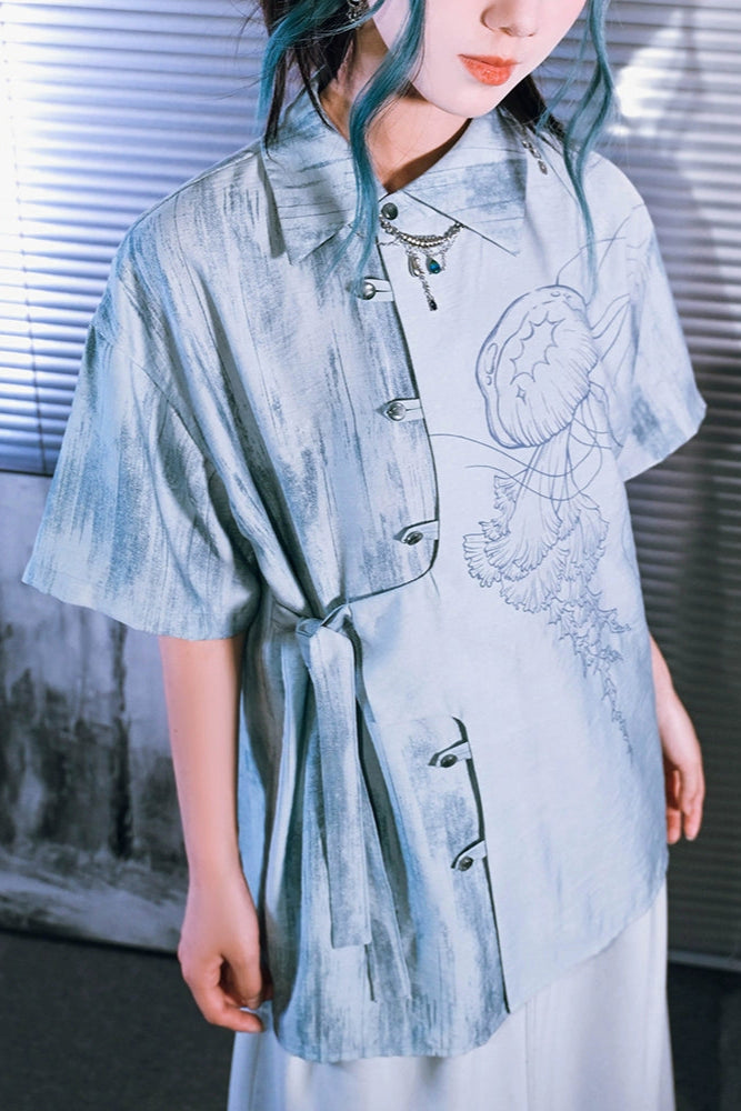 アシメアイスブルーデザイントップス