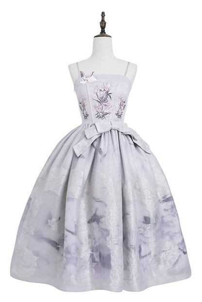 【9月8日予約締切】Black x Purple / White x Purple Lily Embroidery Stained Glass China Lolita Elegant Bow JKS Dress