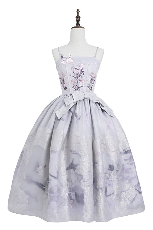 【9月8日予約締切】Black x Purple / White x Purple Lily Embroidery Stained Glass China Lolita Elegant Bow JKS Dress
