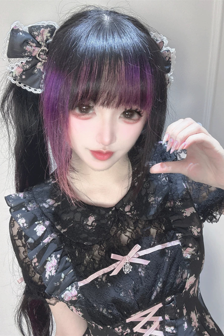 【9月2日予約締切】Black Pink Floral Layered Lace Dress＋Matching Shorts ＋ Bow Hairclips ＋ Bow Tie[Full set]