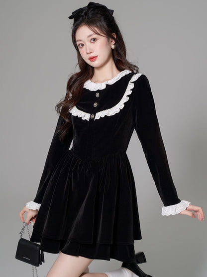 French Black Velvet Retro Hevon Style Dress