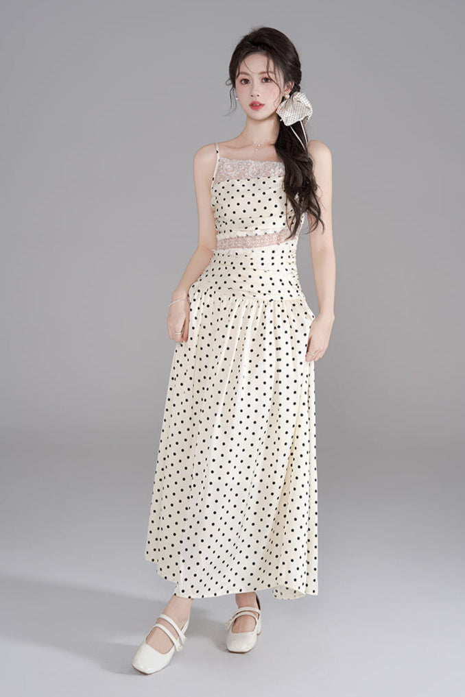 ドットレースフレンチロングキャミソールドレス+ドットシュシュ