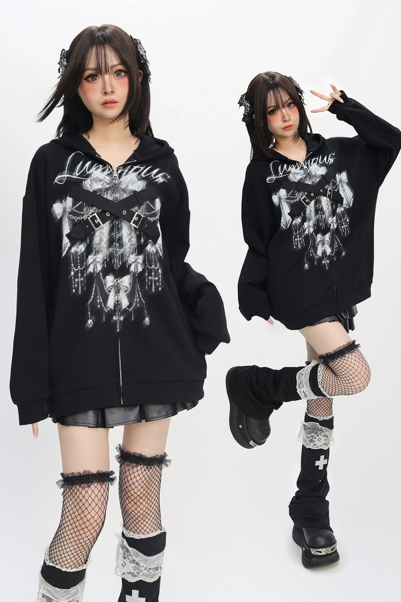 シャイニングガールフリースライトアジアンフード付きパーカー