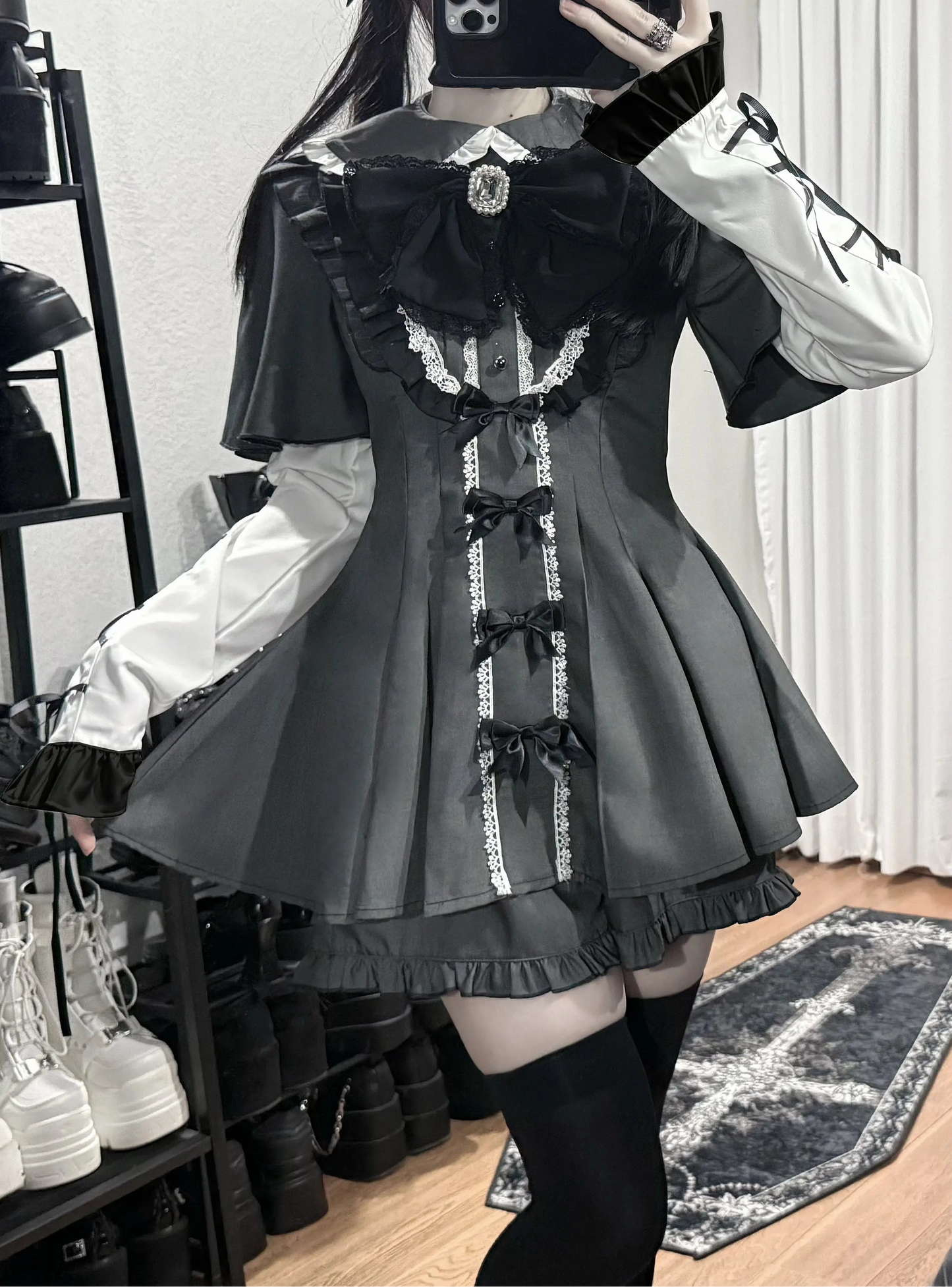 【3月1日予約締切】グレーブラックジュエルリボンフリルドレス＋ロングスリーブ＋ショートパンツフルセット