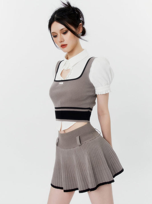 American preppy two-piece sleeveless knit vest & pleated skirt