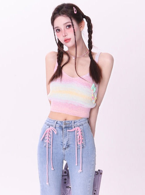 Rainbow Gradation Color Knit Cardigan + Rainbow Camisole