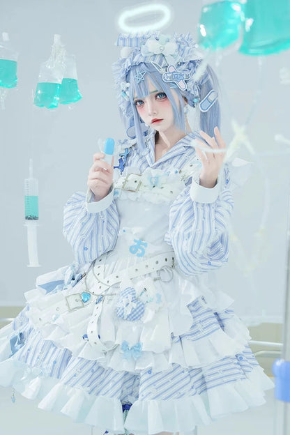 【11月5日予約締切】Blue White Striped Medical Lolita Nurse Sickly Kawaii Dress Suit Full Set (Shirt + Skirt + Apron + Back Ribbon + Leg Covers)