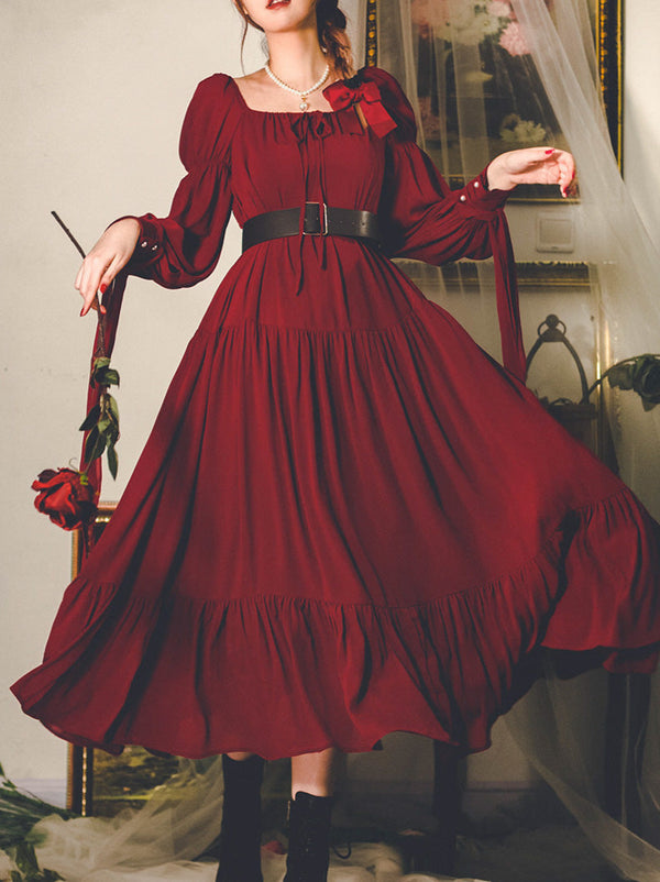 French Puff Strap Sleeve Tiered Ribbon Dress